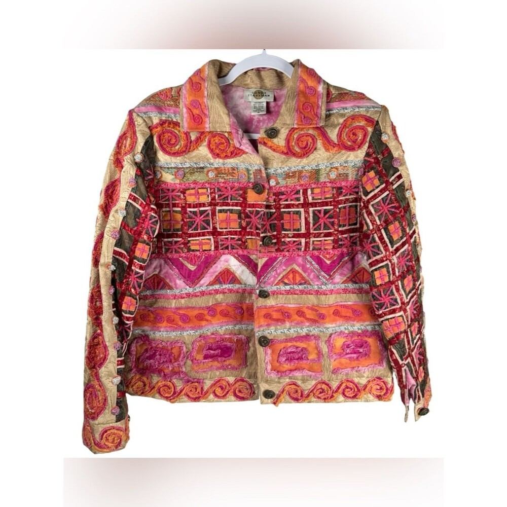 Sandy Starkman Vintage Pink Orange Beige Embroidered Button Jacket Size Medium